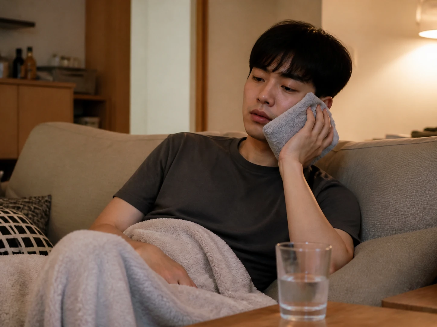 소파에 앉아 수건으로 감싼 얼음팩을 볼에 대고 휴식하는 한국인 20대 남성