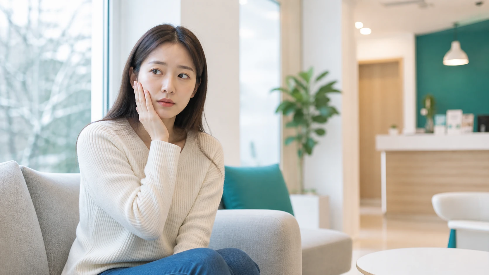 밝은 치과 대기 공간에서 발치 후 볼을 감싼 채 차분히 쉬고 있는 한국인 20대 여성